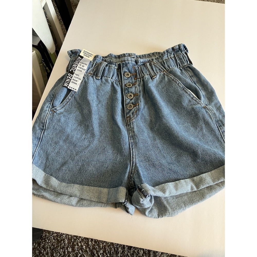 S.O.N.G. Paperbag Jean Shorts Women Size M Blue NWT High Rise Button Up c388